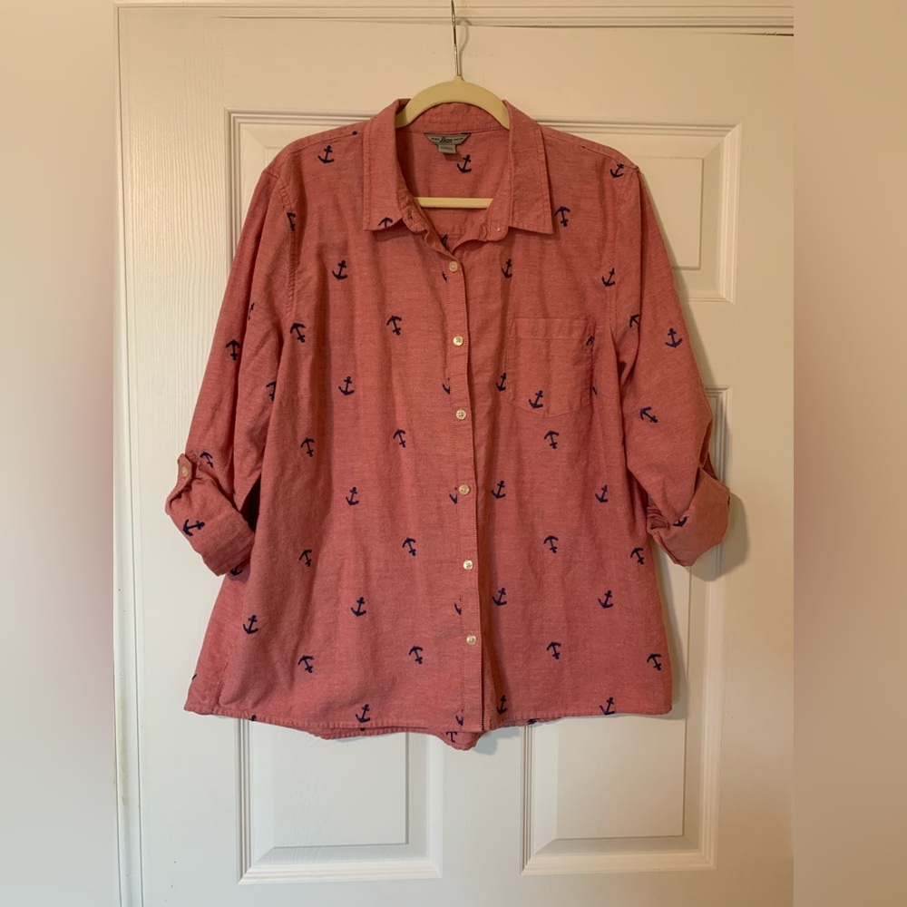 Bass Collared Long‎ Sleeve Coral Navy Anchor Embroidery Button Down Shirt Large